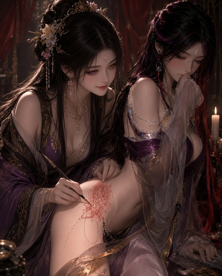 A portrait of Zhu Yulian getting a painting tattoo from Ye Yu