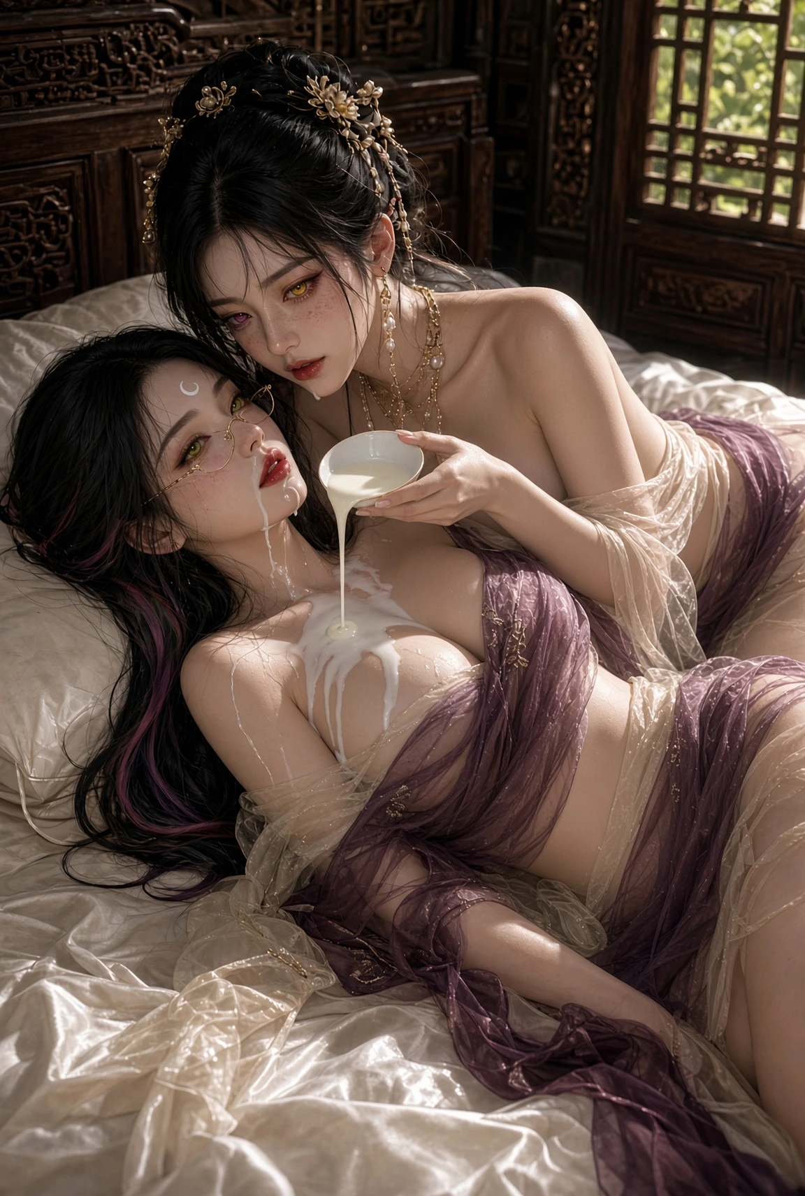 A portrait of Zhu Yulian and Ye Yu, playing with milk