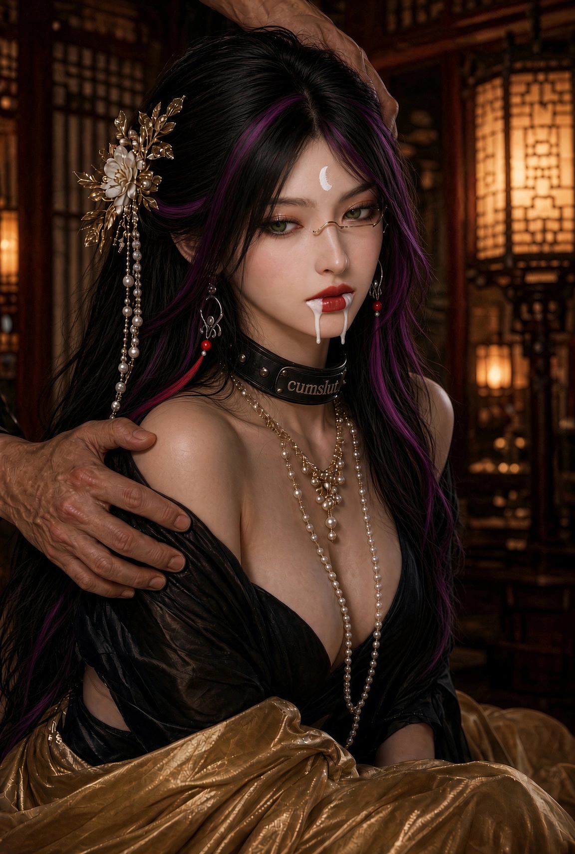 A portrait of Zhu Yulian, wearing a 'Cumslut' collar